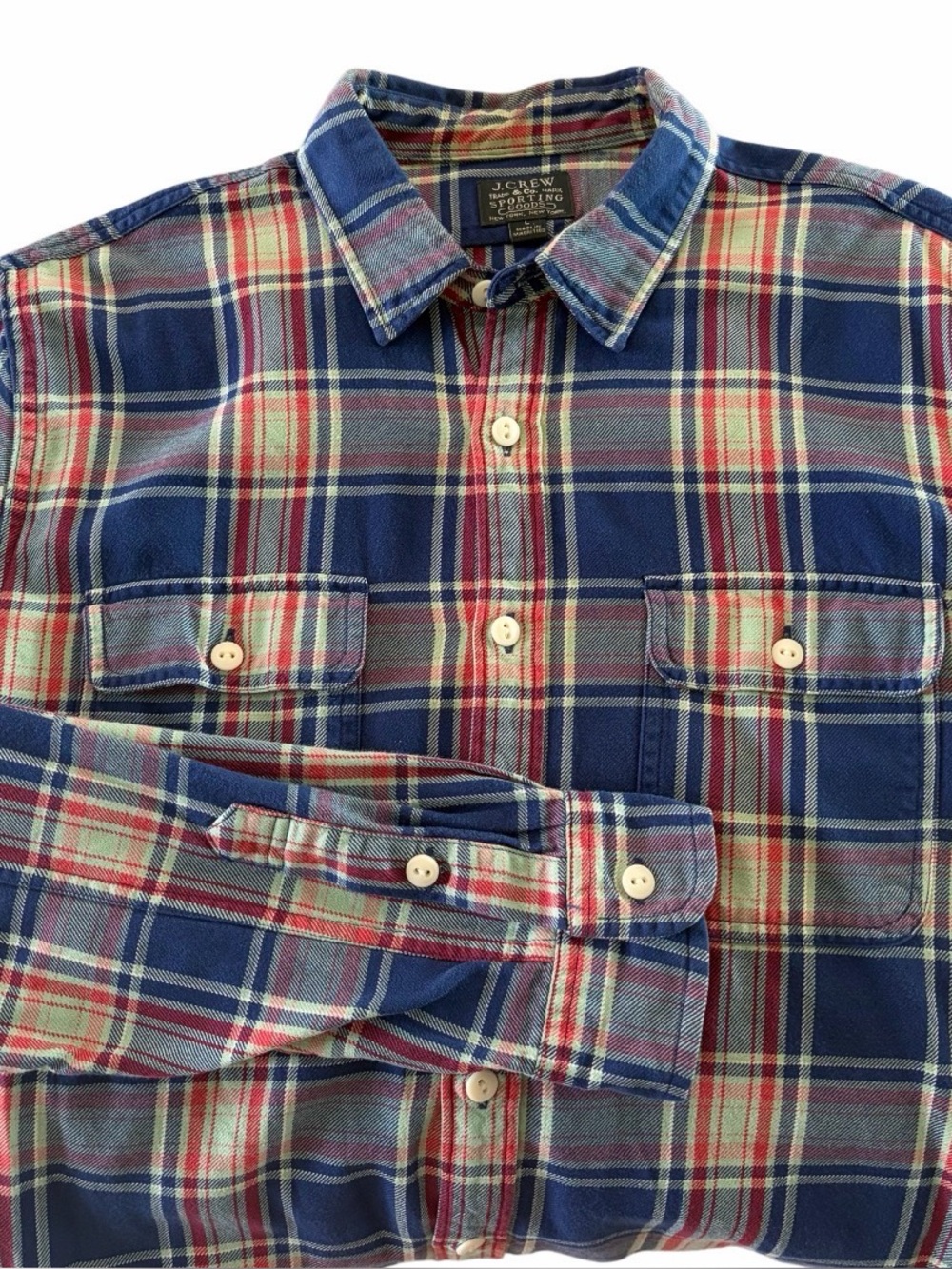 J Crew Sporting Life Long Sleeve Plaid Shirt Size Large Button Up Chest Pockets